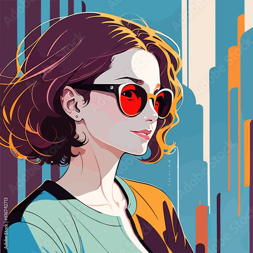 Stylized image of a woman in sunglasses with red lenses in an urban landscape