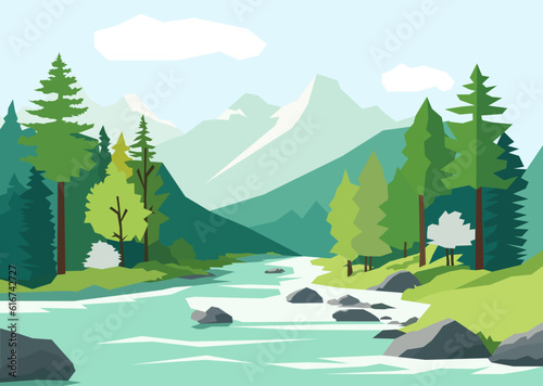 Panorama of spring summer beautiful nature, green grasslands meadow, forest, and river, mountains on horizon background landscape vector illustration