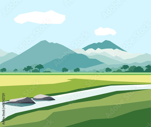 Beautiful ricefield landscape with mountains and river vector illustration