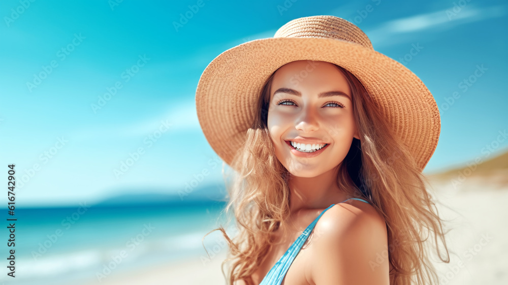 Portrait of a beautiful girl with long loose hair on the beach in front of the sea