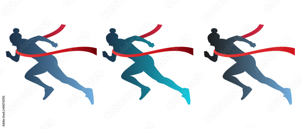 Girl running across the finish line with a red ribbon. Set. Silhouettes.