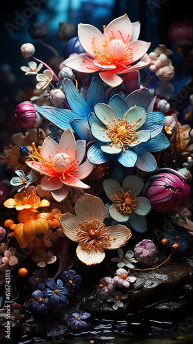 Bunter Blumenstrauß mit sehr schönen unterschiedlichen Blütenformen gebunden für den Muttertag und Valentdienstag Nahaufnahme, ai generativ