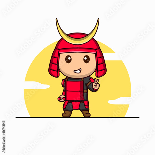 Cute Samurai Peace Hand Symbol Vector Cartoon Illustration Icon Mascot. Cartoon Style.