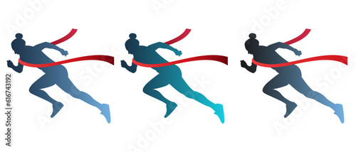 Girl running across the finish line with a red ribbon. Set. Silhouettes.