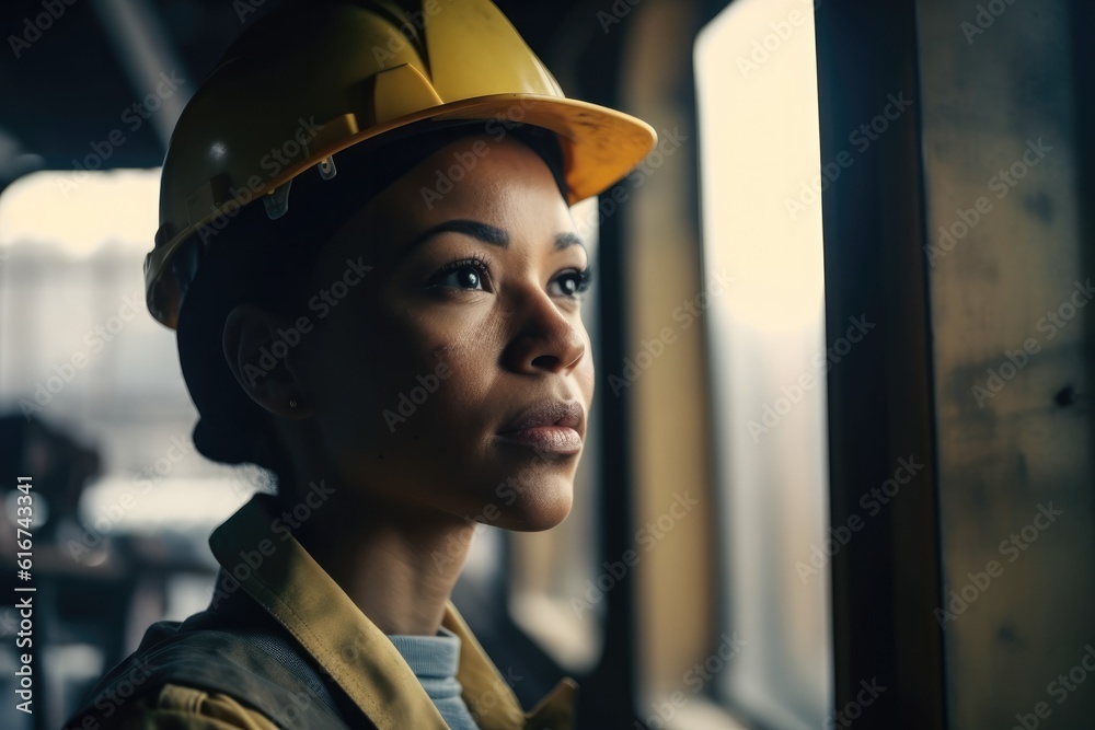 Woman in yellow hard hat looking out at the window Woman in yellow hard hat looking out at the window