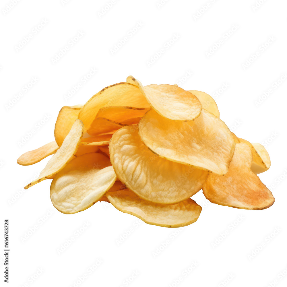 A pile of potato chips isolated on transparent background. Png clip art element. Generated with AI. A pile of potato chips isolated on transparent background. Png clip art element. Generated with AI.