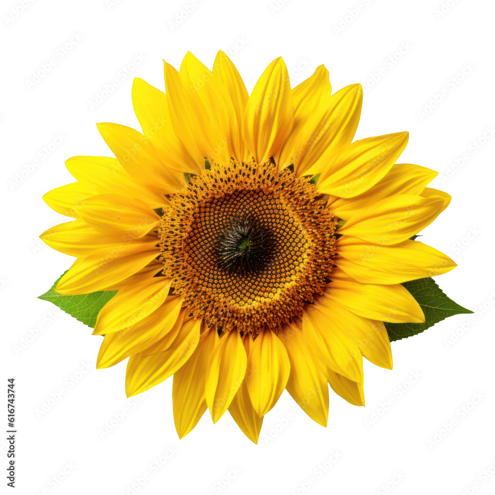 Fototapeta premium Beautiful close-up sunflower in full bloom isolated on transparent background. Png clip art floral element. Generated with AI.