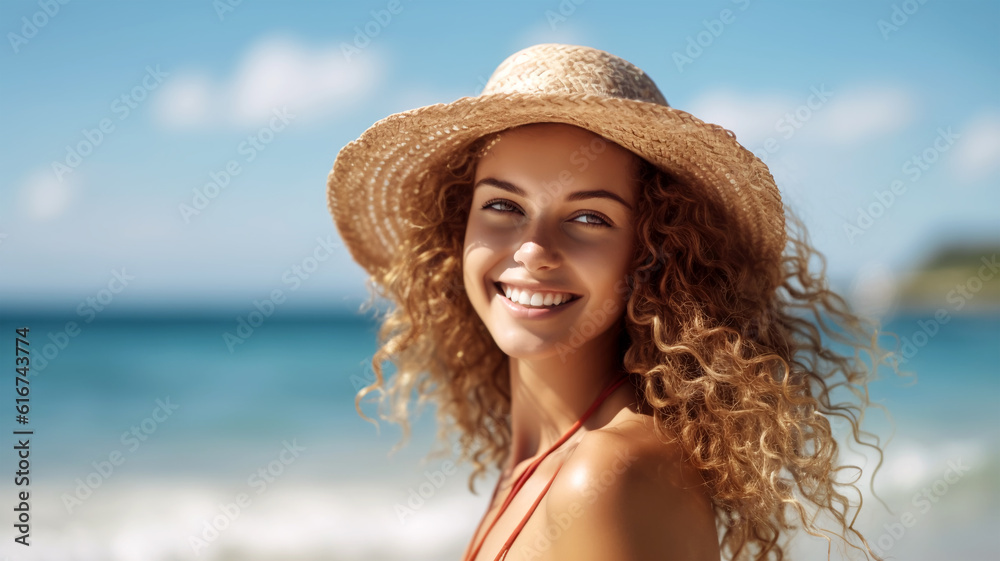 Coastal Glamour: A Beautiful Girl with Flowing Tresses, Framed by the Ocean View