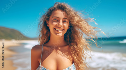 Waves and Tresses: A Captivating Girl with Long Locks on the Beach