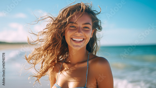 Beach Elegance: A Stunning Girl with Windswept Hair, Gazing at the Endless Horizon