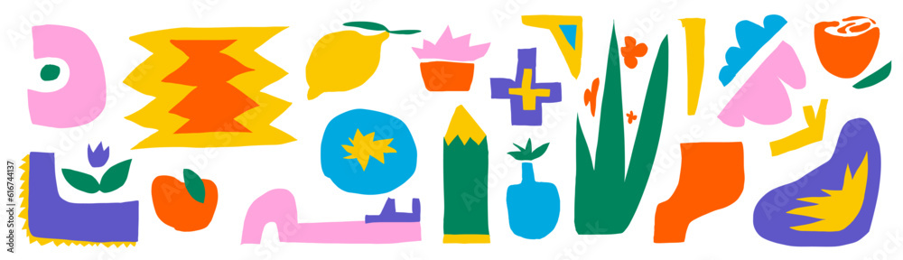 Obraz premium A pack of cut-out abstract shapes. Bright geometric forms in a naive style. On a transparent background as png. Vector illustration with texture. Lemon, aplle, rose and irregular organic shapes. 