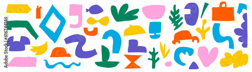 A pack of cut-out abstract shapes. Bright geometric forms in a naive style. On a transparent background as png. Vector illustration with texture. irregular organic shapes. 