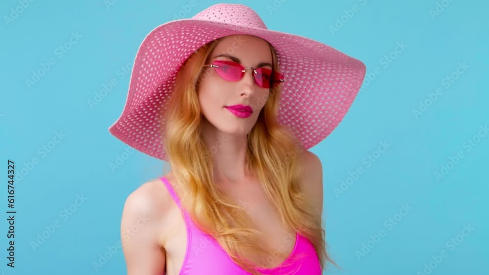 Woman in swimsuit and fashionable hat smiling enjoys summertime for skincare, spa and wellness. Playful glamor sexy lady, slim body for rest, tan trip or pool hotel concept on vivid yellow background Woman in swimsuit and fashionable hat smiling enjoys summertime for skincare, spa and wellness. Playful glamor sexy lady, slim body for rest, tan trip or pool hotel concept on vivid yellow background