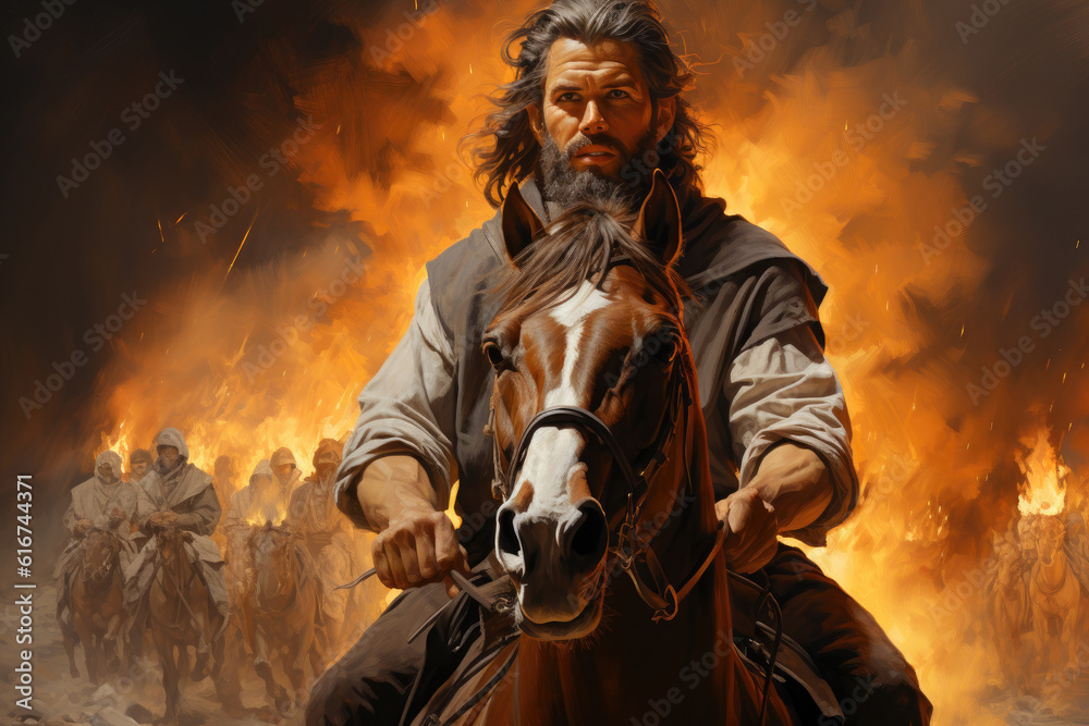 Apostle Paul Saul ridding a horse on his way to Damascus encounter with Jesus Christ Generative AI Illustration