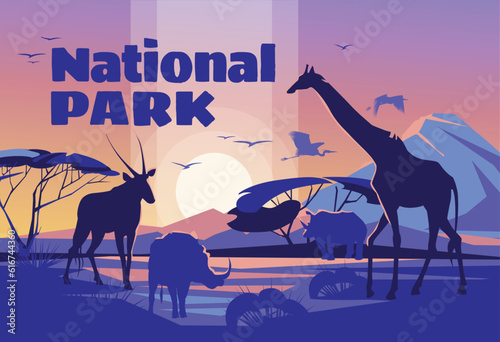 African savanna sunrise landscape with wild animal silhouettes. National Wildlife Park. Tourism and adventure. Vector illustration