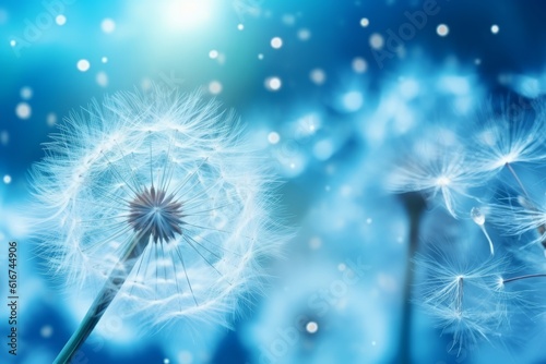 Dandelion seeds in dew on blue background with soft focus  Generative AI