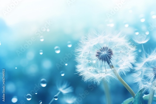 Dandelion seeds in dew on blue background with soft focus  Generative AI