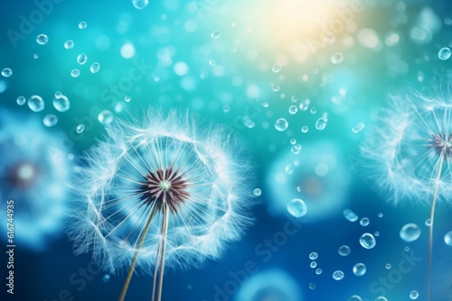 Dandelion seeds in dew on blue background with soft focus, Generative AI