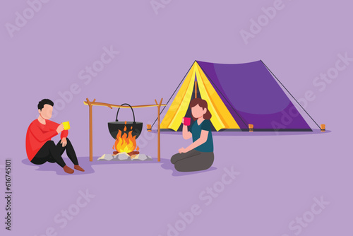 Character flat drawing camping or hiking romantic couple around campfire tents. Man woman sitting on ground and drinking hot tea or coffee getting warm near bonfire. Cartoon design vector illustration