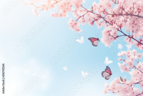 Cherry blossoms, blue sky, butterflies, pink sakura, romantic spring image, Generative AI © ParinApril