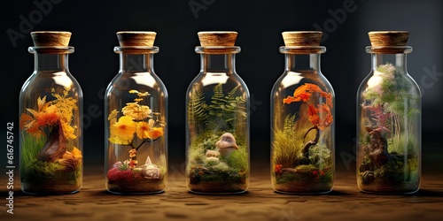Glass jars representing the 4 seasons. Generative AI