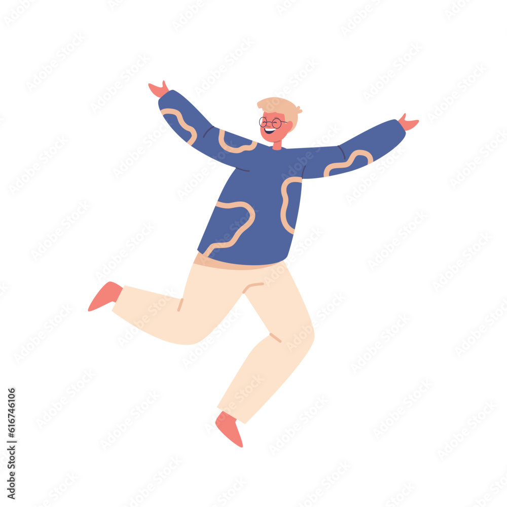 Child Boy Character Leaping Or Flying With Joy And Face Lit Up With A Wide Smile, As He Enjoy The Exhilarating Sensation