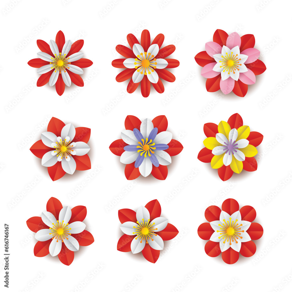 Set of colorful paper art flowers, craft paper flowers, decorative floral design element, clipart set, isolated on white background