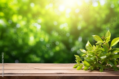 Green foliage  empty wooden table  bokeh  sunlight natural beauty  Generative AI