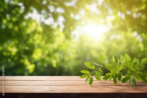 Green foliage, empty wooden table, bokeh, sunlight. natural beauty, Generative AI