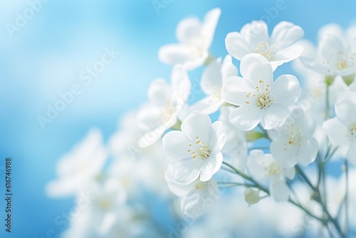 White primroses in spring forest on blue background, Generative AI