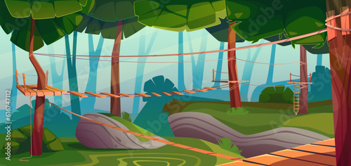 Adventure park in the forest, climbing center, outdoor training camp. Obstacle course, rope track, outdoor activities. Suspension bridge, rope ladder, wooden platform. Vector cartoon illustration.