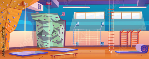 Climbing center, climbing wall, gym for climbers. Room for training and active recreation. An artificial plywood rock with hooks, rope ladder, horizontal bar, bench, gymnastic mat. Vector illustration