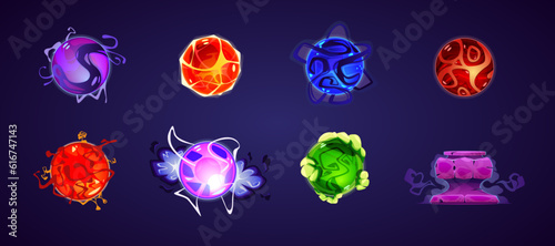 A set of magic balls with a stone stand. Visual effects of magic. Light futuristic effects, colorful energy effects, glossy surface, plasma rays, smoke. Fantasy, Sci-fi, vector cartoon illustration.