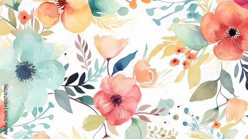 Beautiful floral spring seamless pattern with watercolor drawn field wildflowers. For wedding stationery, greetings, wallpapers, fashion, backgrounds, textures, DIY, packaging, cards. Generative AI.