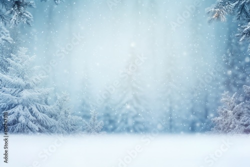 Winter Christmas background with snow covered spruce branches and falling snow, Generative AI