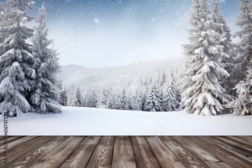 Snowy winter forest with Christmas trees and wooden flooring, Generative AI © ParinApril