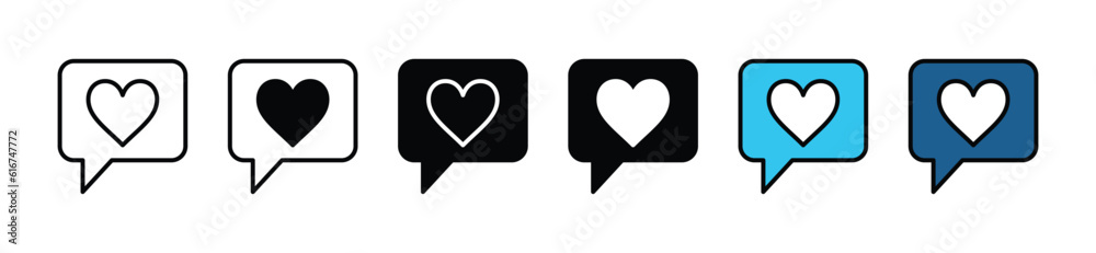 Favorite icons set. Love icon buttons. Heart icon on talk bubble speech symbol in line and flat style on white background with editable stroke for apps and websites. Vector illustration EPS 10 Favorite icons set. Love icon buttons. Heart icon on talk bubble speech symbol in line and flat style on white background with editable stroke for apps and websites. Vector illustration EPS 10