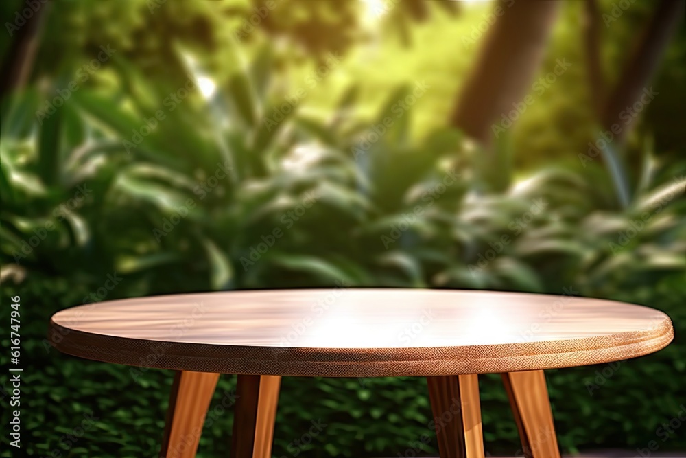 Empty Wooden Table in a Garden. Outdoor Wood Furniture Design Empty Wooden Table in a Garden. Outdoor Wood Furniture Design