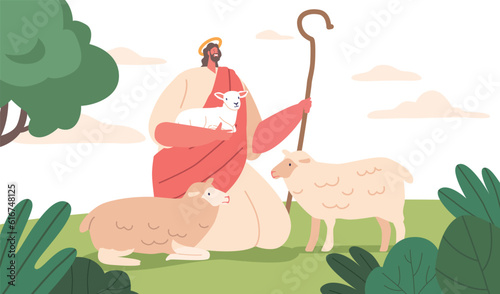Beautiful Scene Depicts Jesus Character The Shepherd Holding Lamb, Surrounded By A Flock Of Sheep On A Verdant Meadow