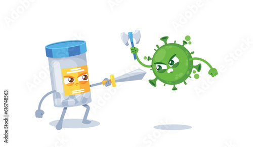 Medical Pill Battles Virus, Medicine Bottle with Sword Fights Against Viral Infection, Targeting And Neutralizing Them