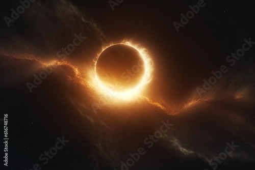 Celestial spectacle, Solar eclipse veiled by ethereal clouds and sun flare Generative AI