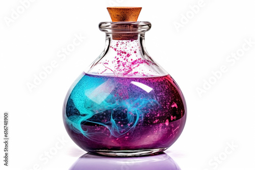 Magic potion in glass bottle on white background