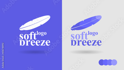 Logo designed with a simplified bird feather, representing softness and lightness. It is bluish violet color, fully editable and ready to use in graphic design