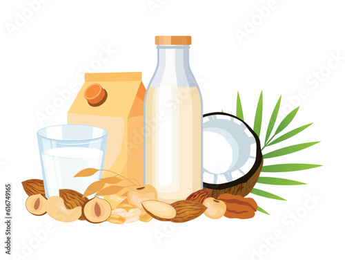 Plant-based milk glass and box vector illustration. Milk alternatives drawing. Glass of plant milk with nuts, oat, soybean, coconut vector. Carton of vegetable milk icon on a white background