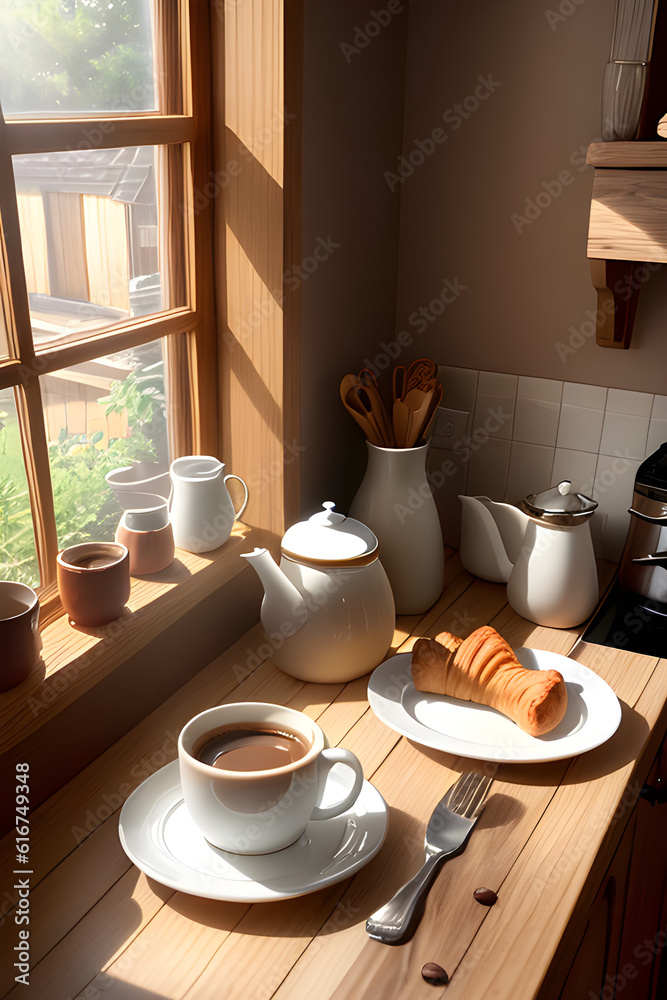 A rustic wooden table in a cozy kitchen, a white porcelain cup filled with fresh steaming coffee. Appetizing puff croissants on a plate. the aroma of coffee fills the air. generative AI A rustic wooden table in a cozy kitchen, a white porcelain cup filled with fresh steaming coffee. Appetizing puff croissants on a plate. the aroma of coffee fills the air. generative AI