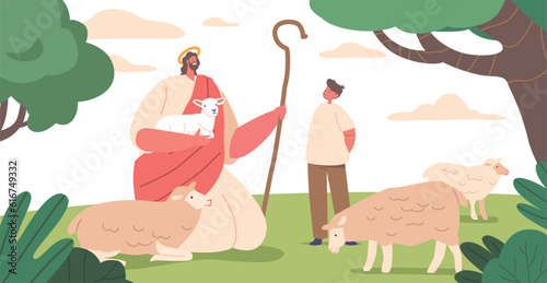 Scene Of Jesus Christ Character As A Shepherd, Surrounded By Gentle Sheep With A Lamb On Hands, Vector Illustration