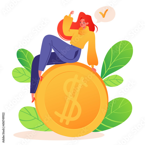 Financial success, profitable investments, rise in career or an increase salary. Satisfied smiling girl sitting on top of large gold coin with dollar symbol, one hand shows gest "Ok"