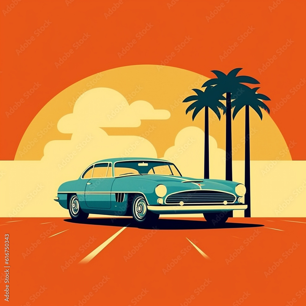 Retro car poster on the road with a red and golden sunset as background. Minimalist style and simple poster design.
