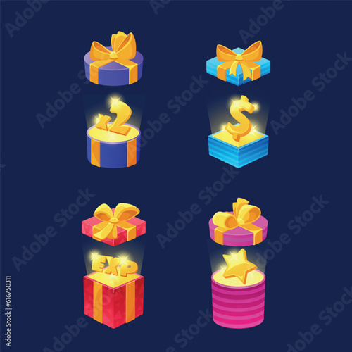 Set Of Open Surprise Boxes with Gift and Game Assets. Isolated Colorful Packages Decorated With Ribbon Bows and Star