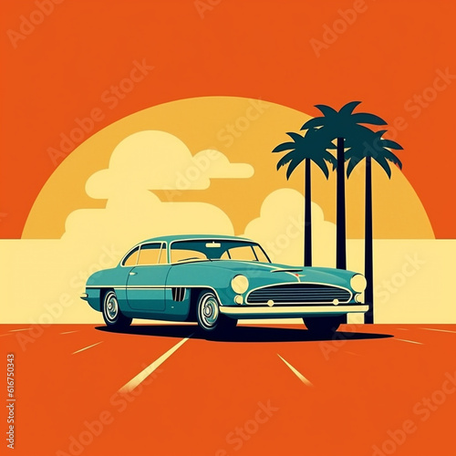 Retro car poster on the road with a red and golden sunset as background. Minimalist style and simple poster design.  © Aisyaqilumar